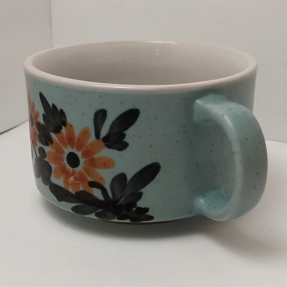 Vintage Soup Bowl Light Blue Orange Flowers